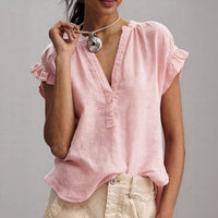 Linned Bluse Dame V-hals – Flæseærmer Sommerbluse