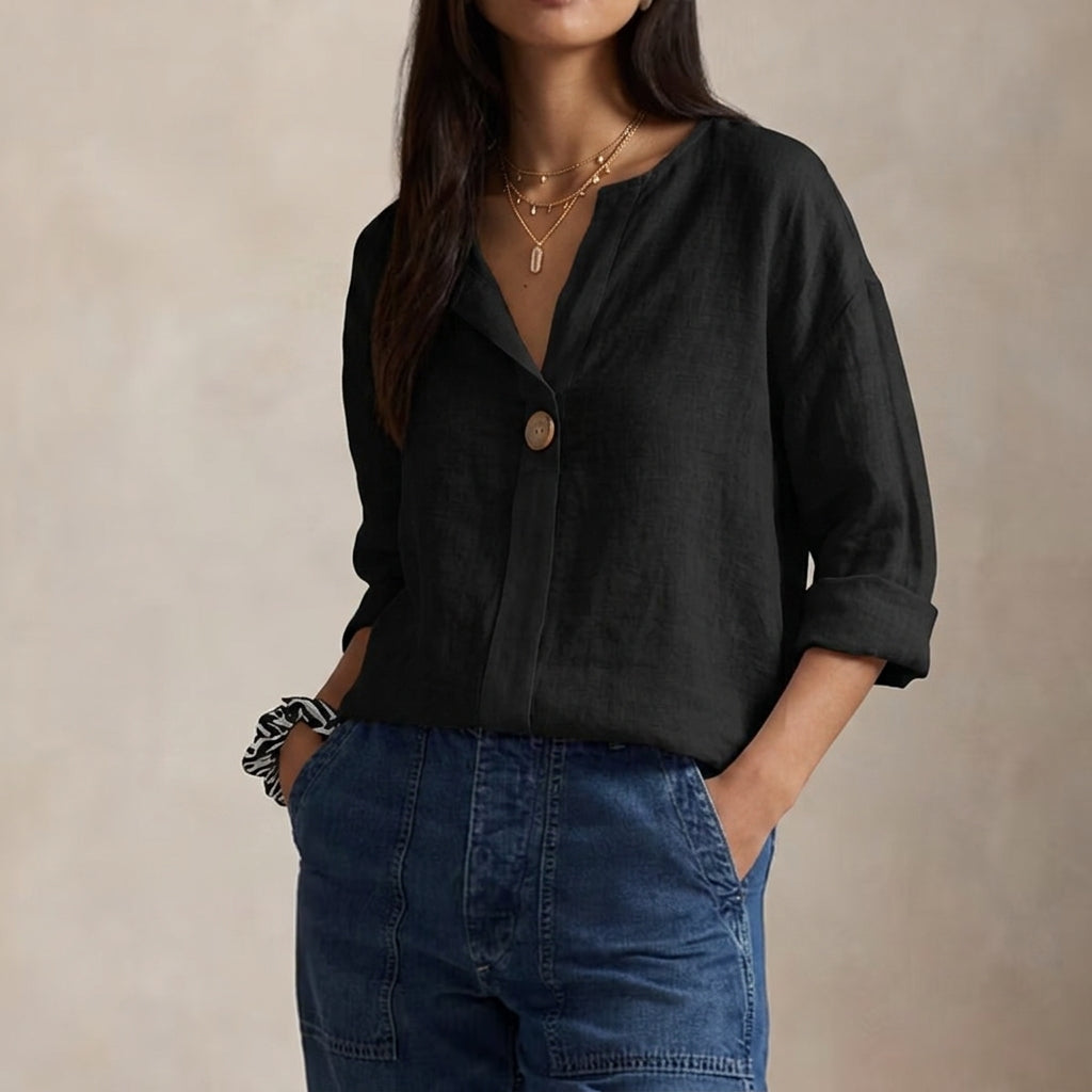 Linned Bluse Dame V-hals – Enkelt Knap Sommerbluse