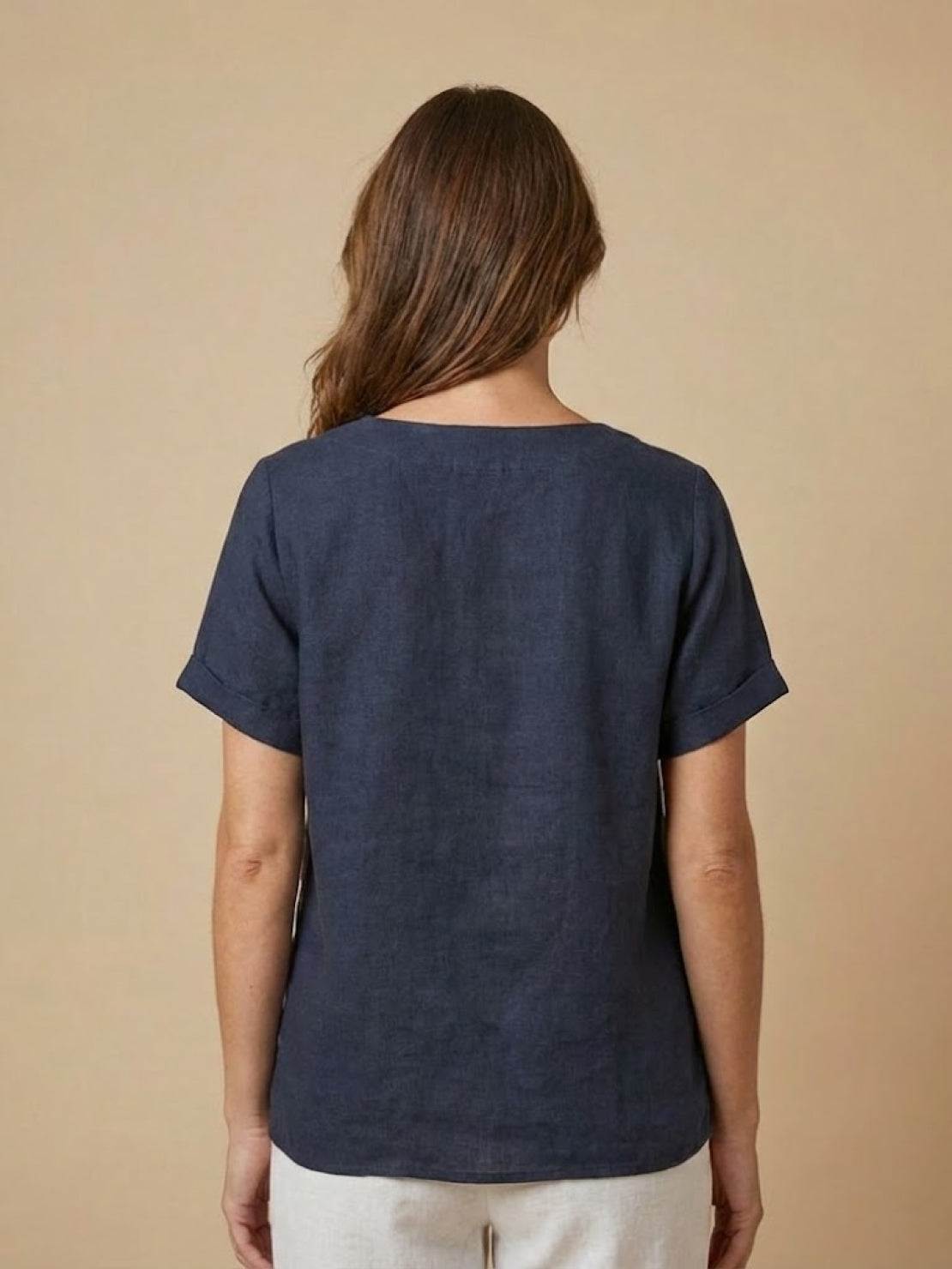 Linned Top Dame med Knapper – Løs Bluse med Korte Ærmer