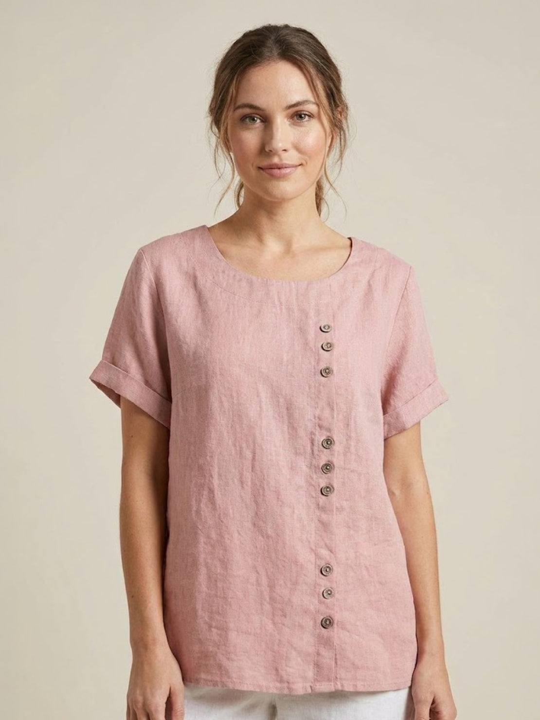 Linned Top Dame med Knapper – Løs Bluse med Korte Ærmer