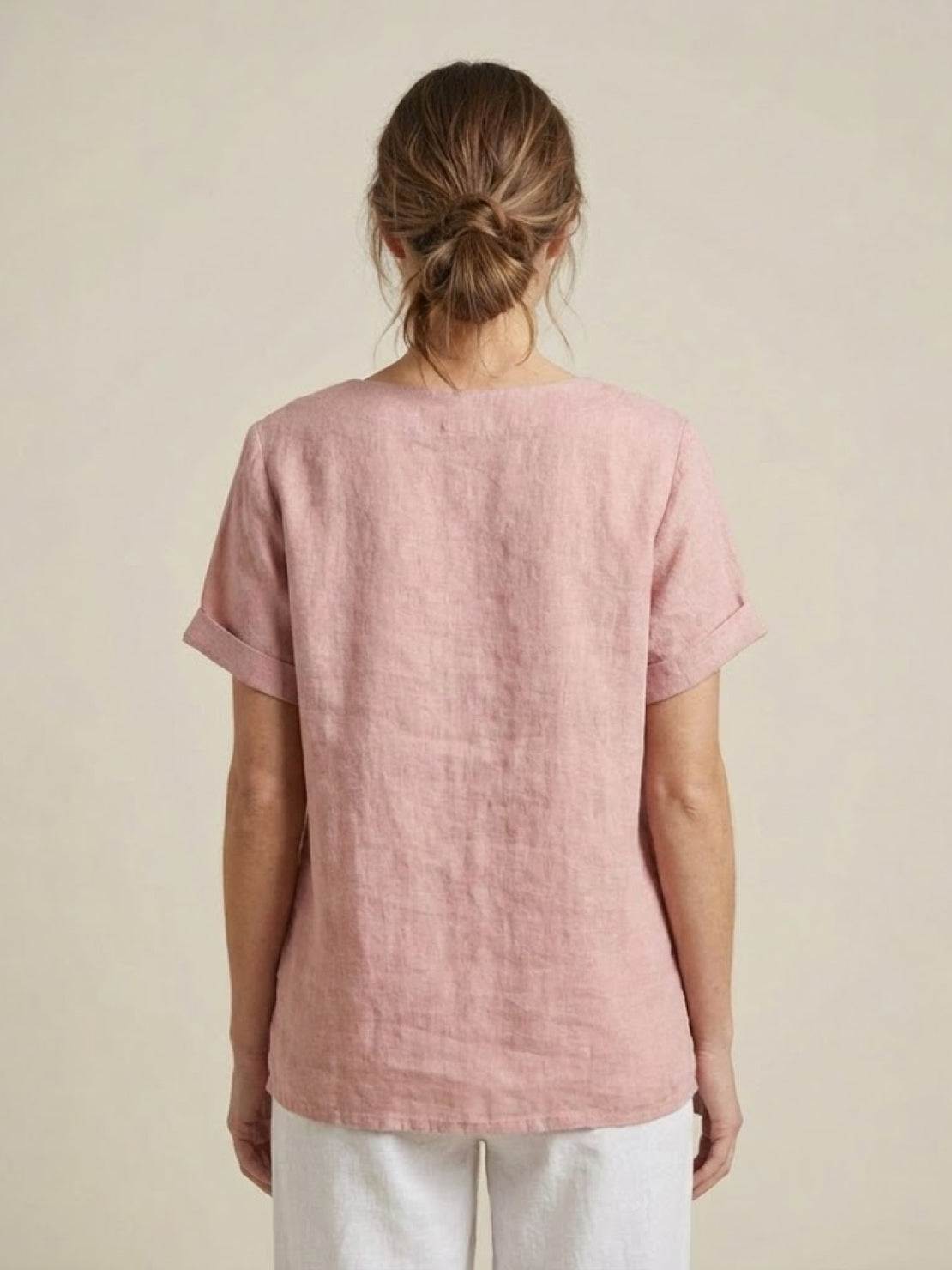 Linned Top Dame med Knapper – Løs Bluse med Korte Ærmer