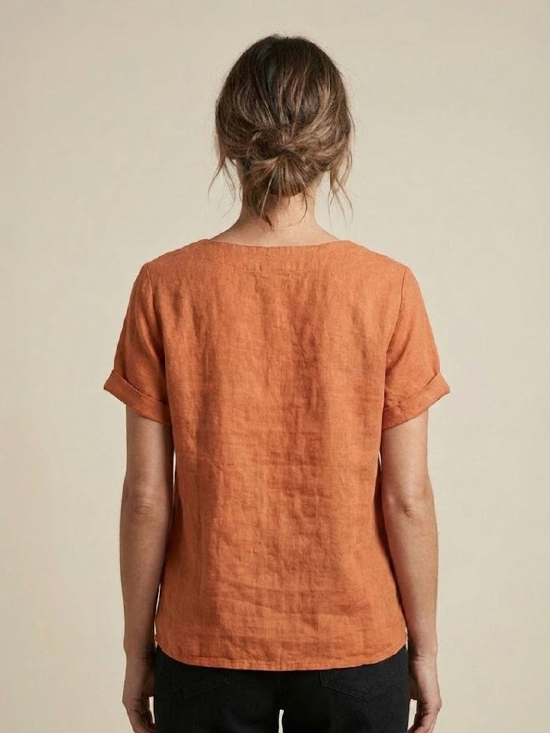 Linned Top Dame med Knapper – Løs Bluse med Korte Ærmer