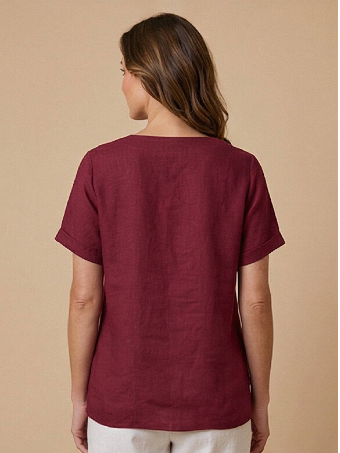 Linned Top Dame med Knapper – Løs Bluse med Korte Ærmer