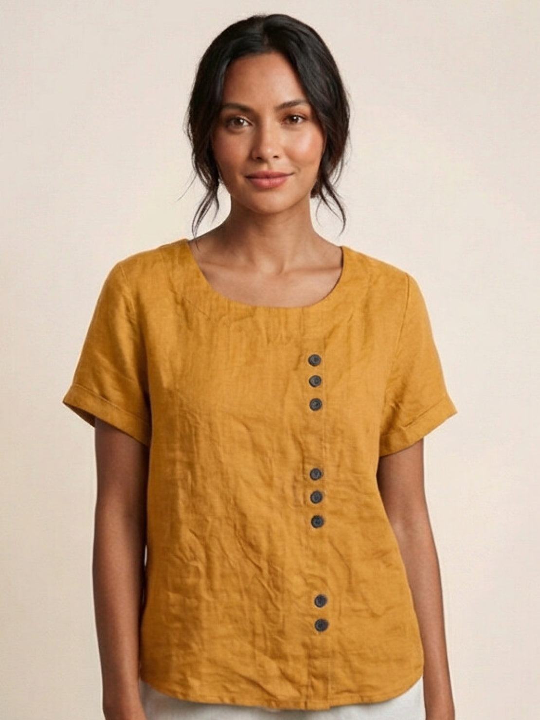 Linned Top Dame med Knapper – Løs Bluse med Korte Ærmer