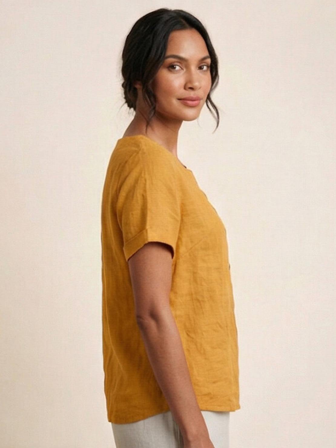 Linned Top Dame med Knapper – Løs Bluse med Korte Ærmer