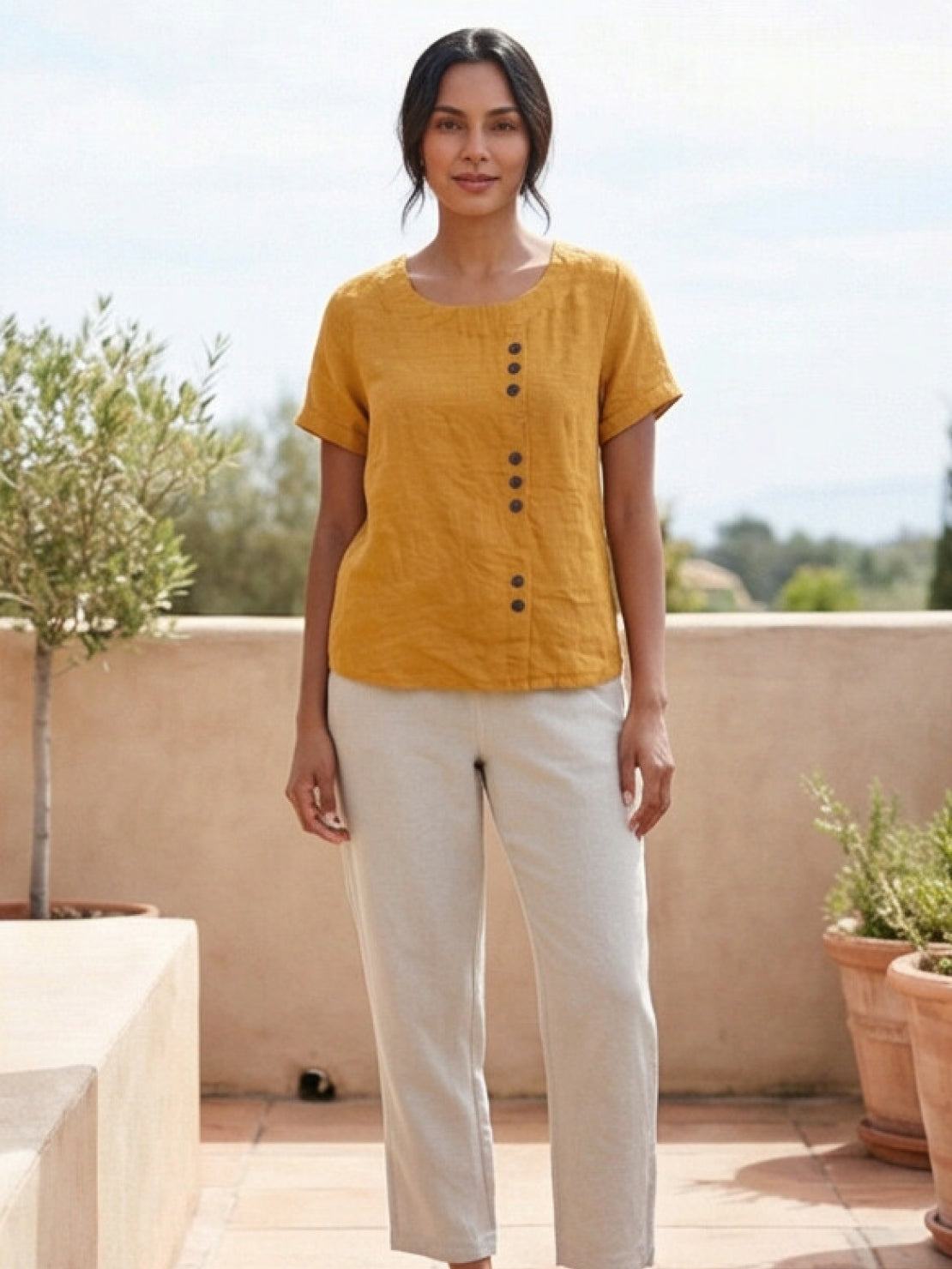 Linned Top Dame med Knapper – Løs Bluse med Korte Ærmer