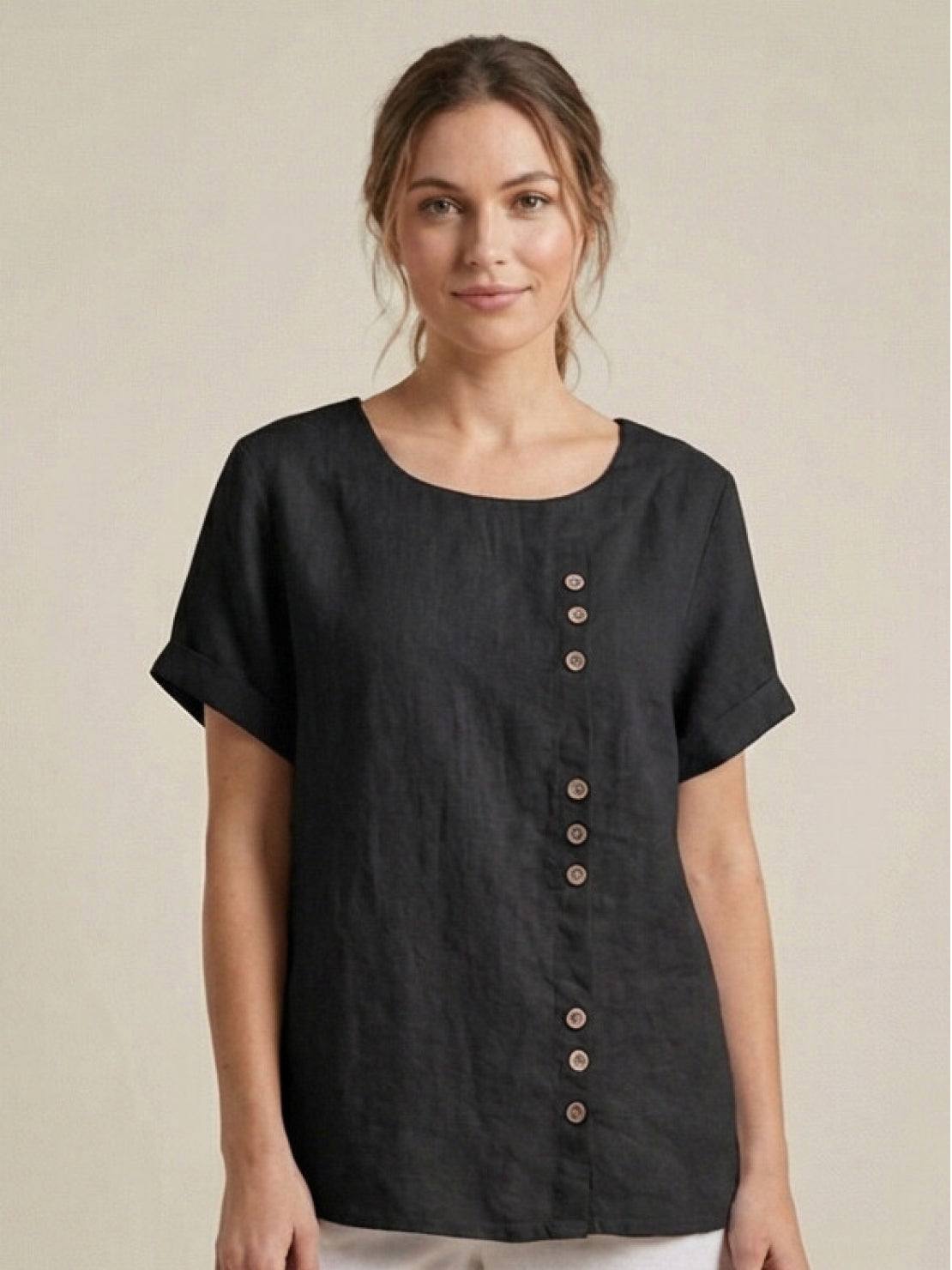 Linned Top Dame med Knapper – Løs Bluse med Korte Ærmer