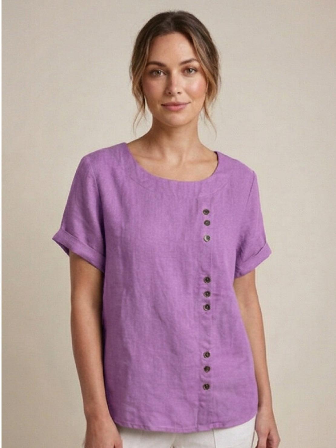 Linned Top Dame med Knapper – Løs Bluse med Korte Ærmer
