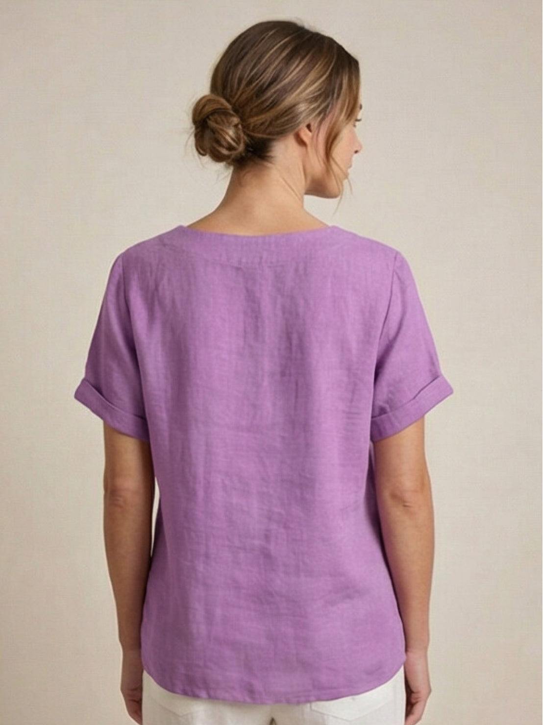 Linned Top Dame med Knapper – Løs Bluse med Korte Ærmer