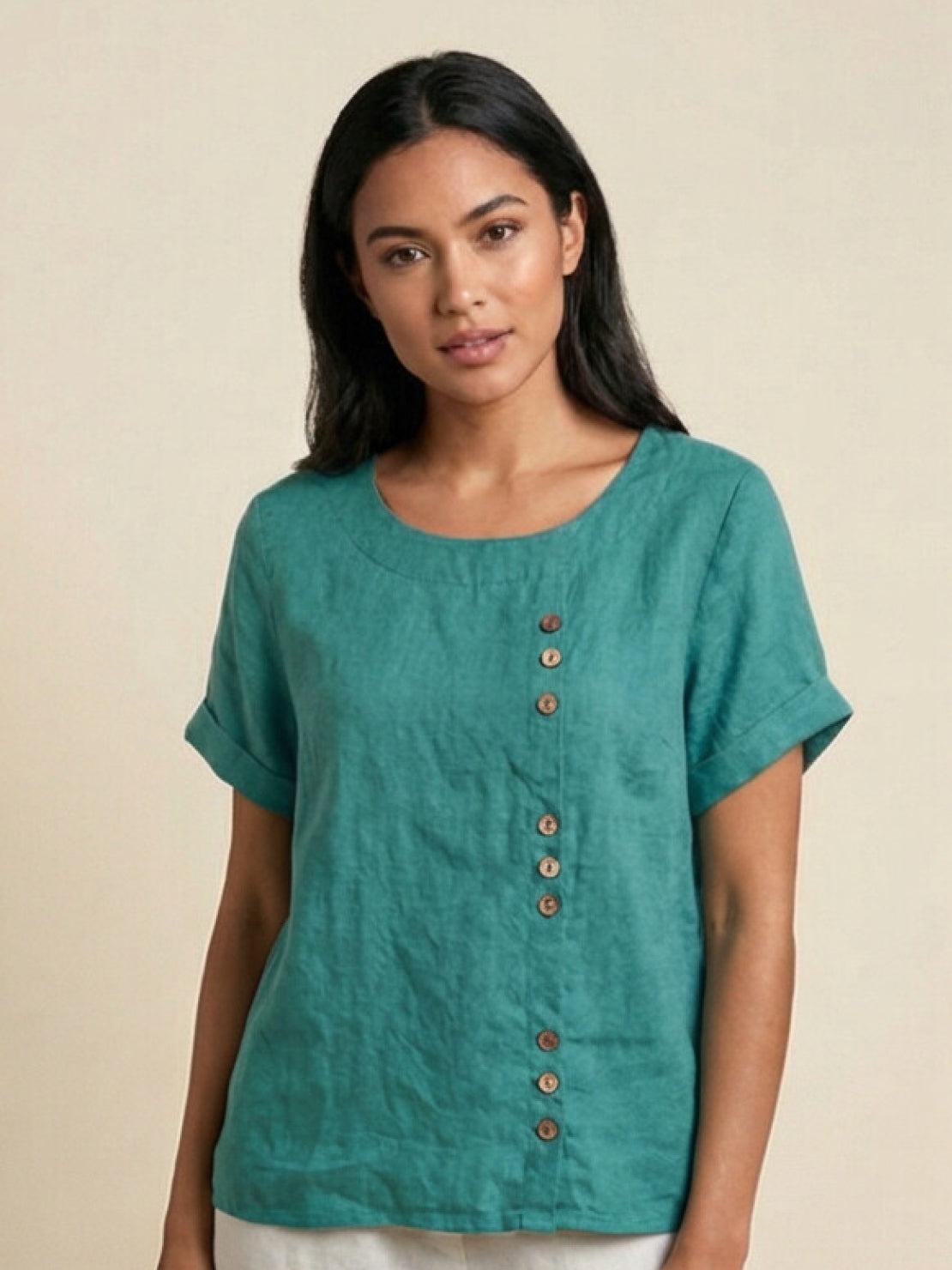 Linned Top Dame med Knapper – Løs Bluse med Korte Ærmer
