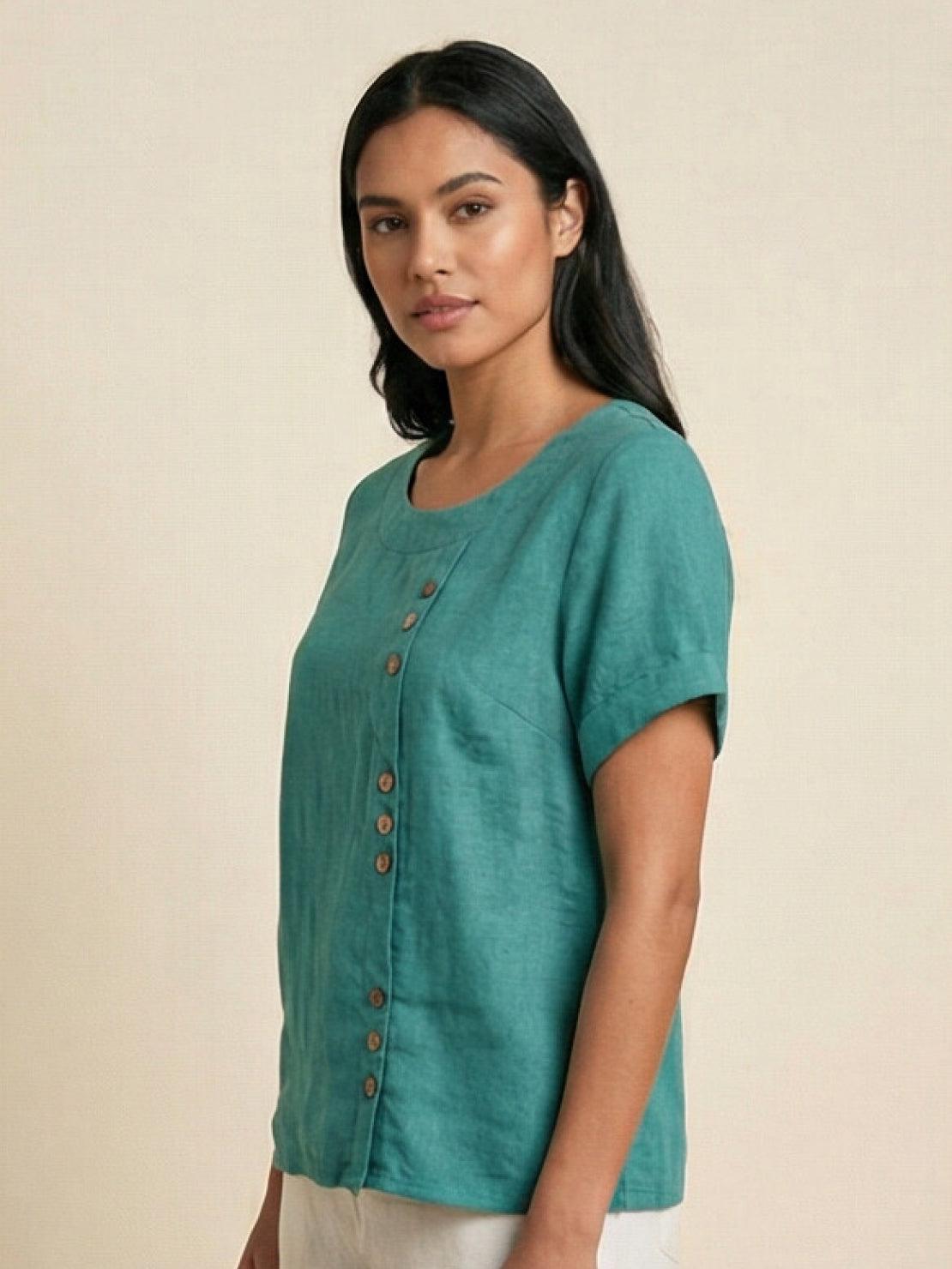 Linned Top Dame med Knapper – Løs Bluse med Korte Ærmer