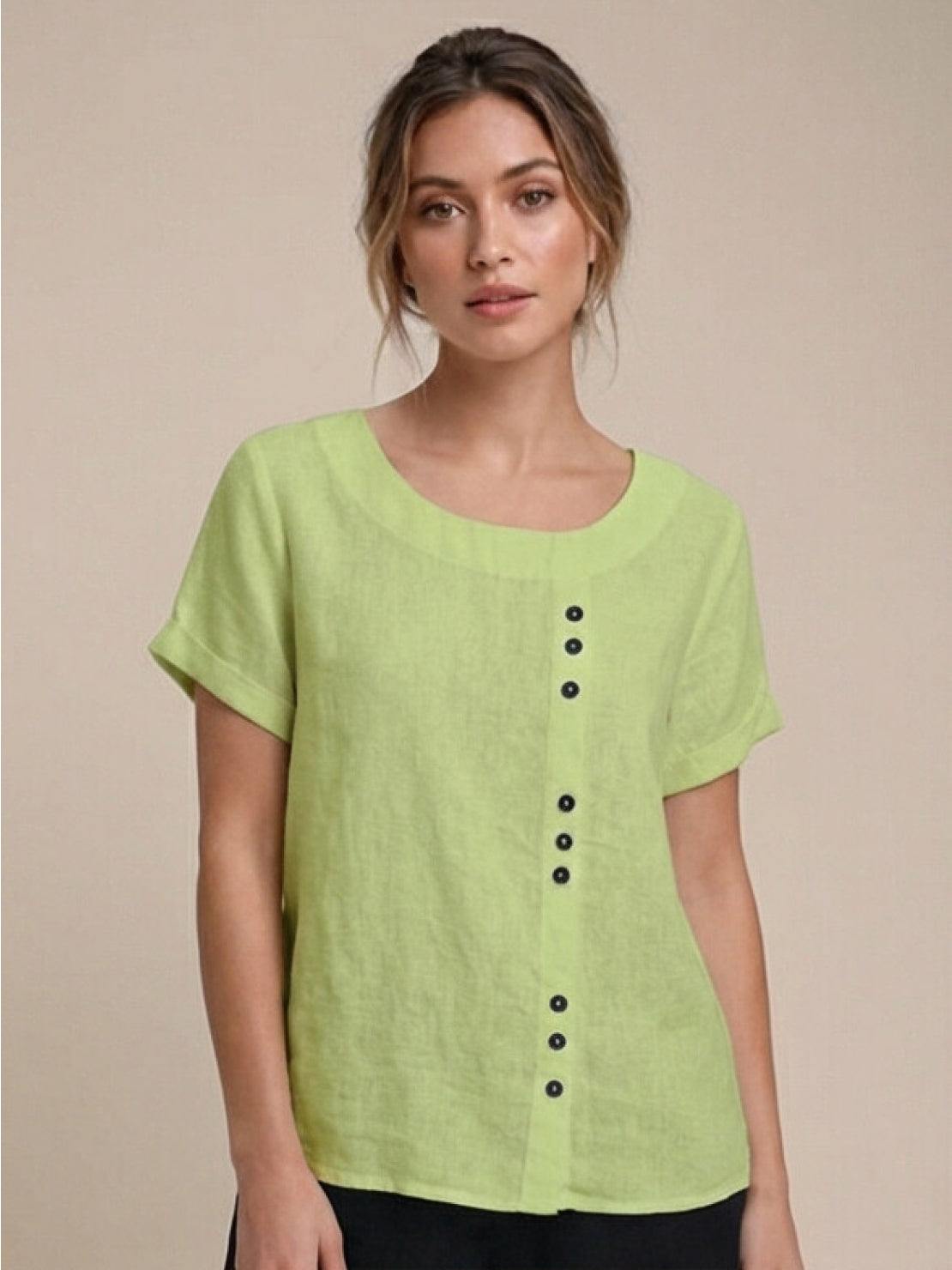 Linned Top Dame med Knapper – Løs Bluse med Korte Ærmer