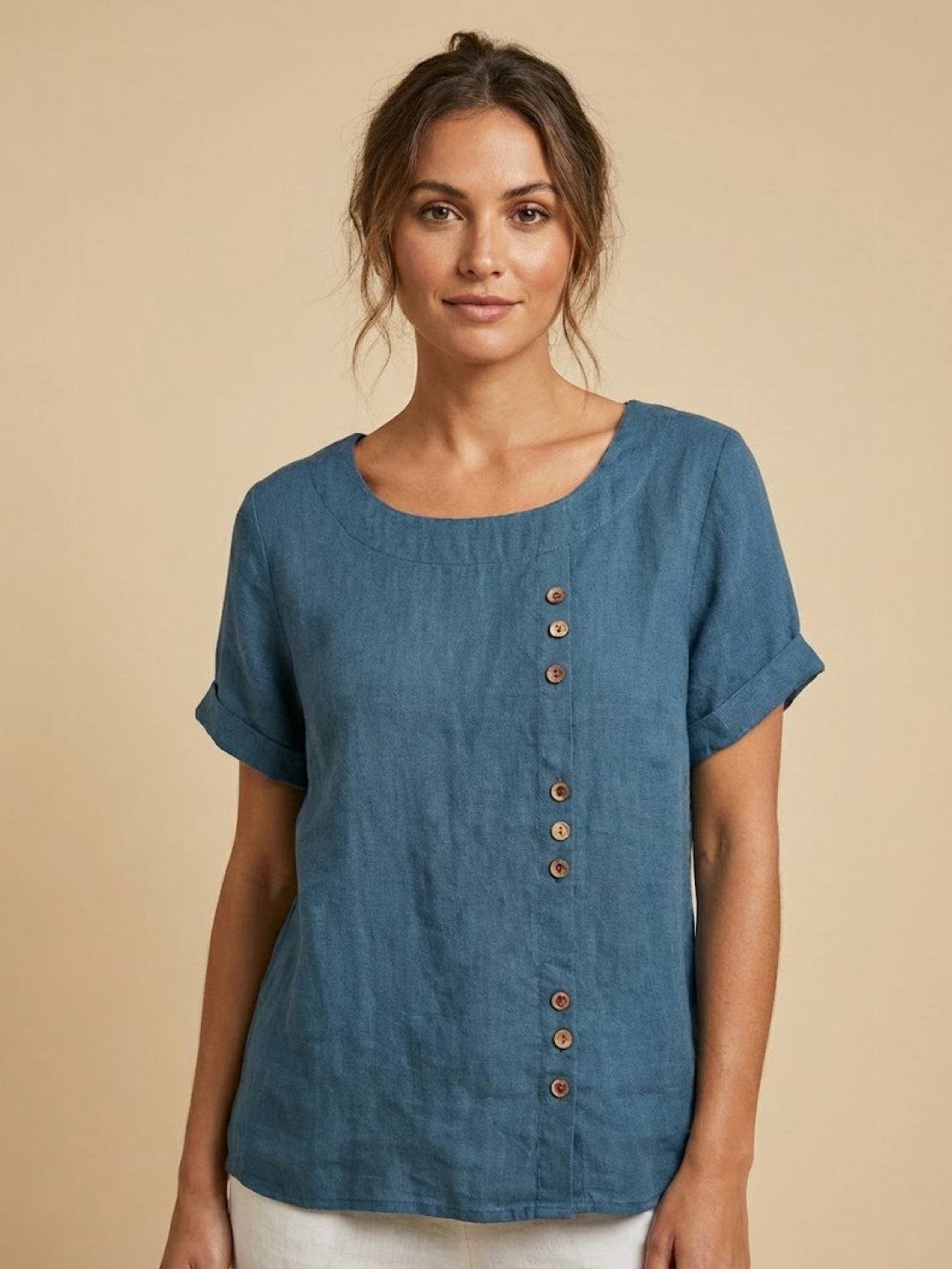 Linned Top Dame med Knapper – Løs Bluse med Korte Ærmer