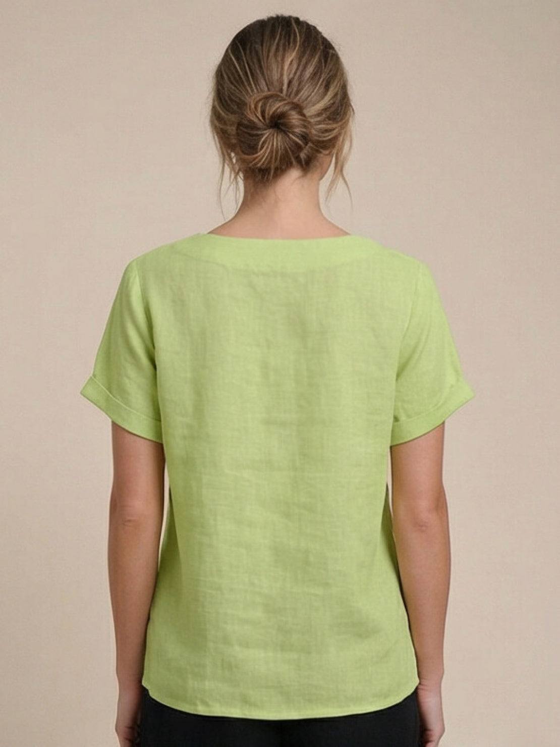 Linned Top Dame med Knapper – Løs Bluse med Korte Ærmer
