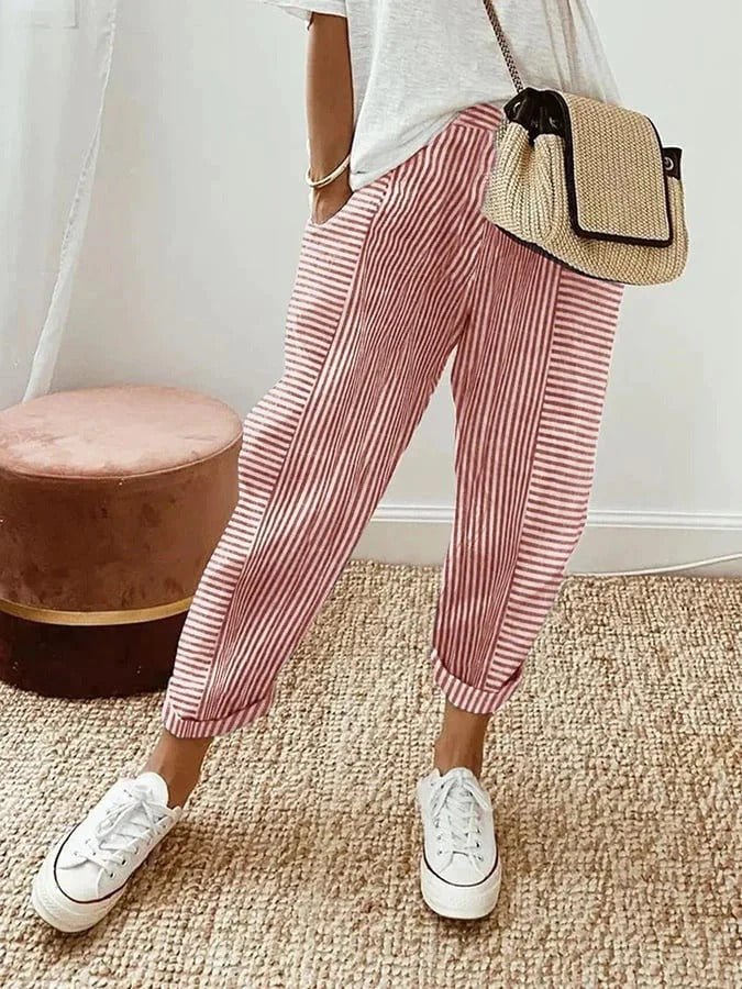 Anna | Women's Tapered Cropped Pants with Elastic Waist & Fine Stripes | Lightweight Linen Look for Comfort and Style 2