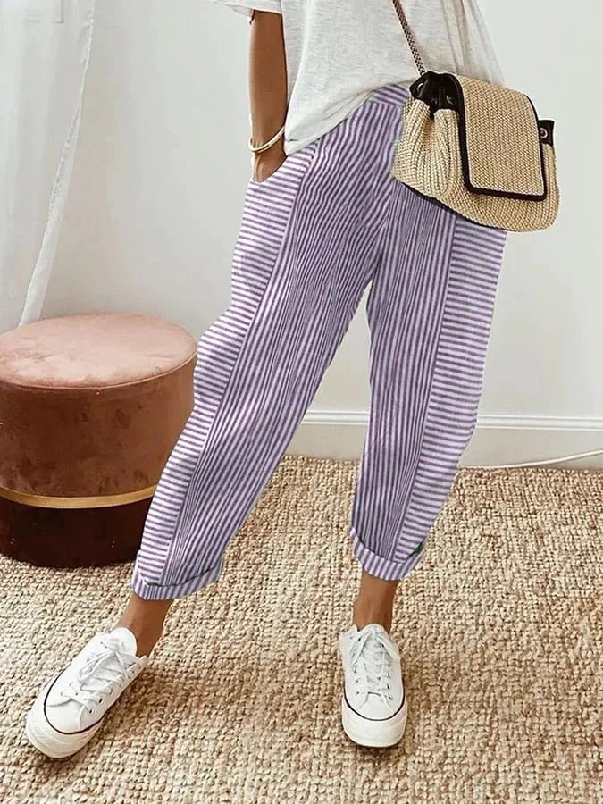 Anna | Women's Tapered Cropped Pants with Elastic Waist & Fine Stripes | Lightweight Linen Look for Comfort and Style 3