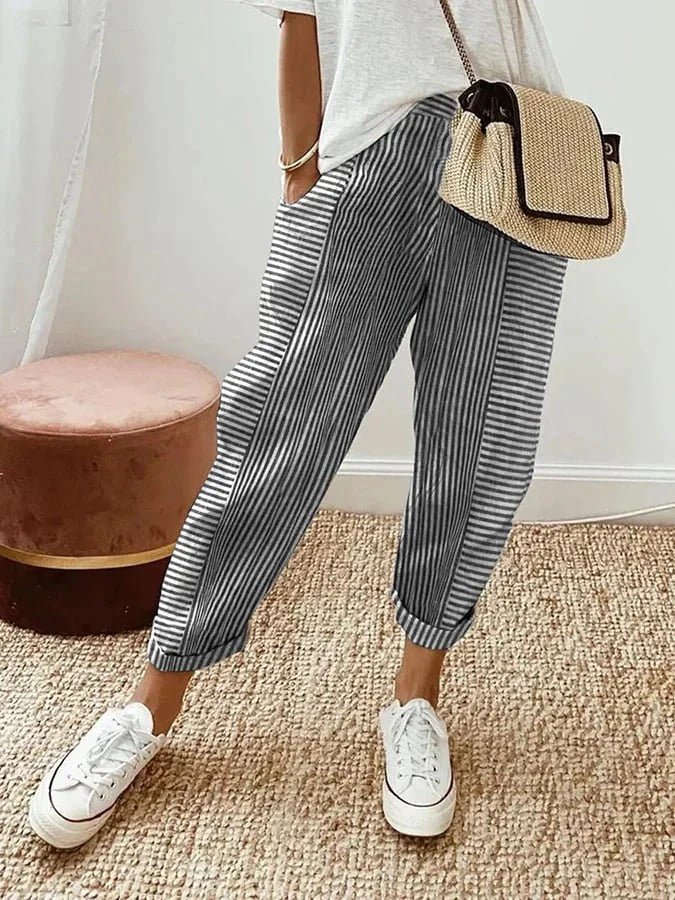 Anna | Women's Tapered Cropped Pants with Elastic Waist & Fine Stripes | Lightweight Linen Look for Comfort and Style 4
