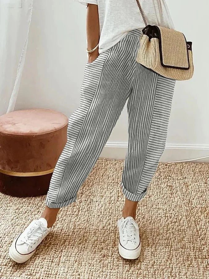Anna | Women's Tapered Cropped Pants with Elastic Waist & Fine Stripes | Lightweight Linen Look for Comfort and Style 5
