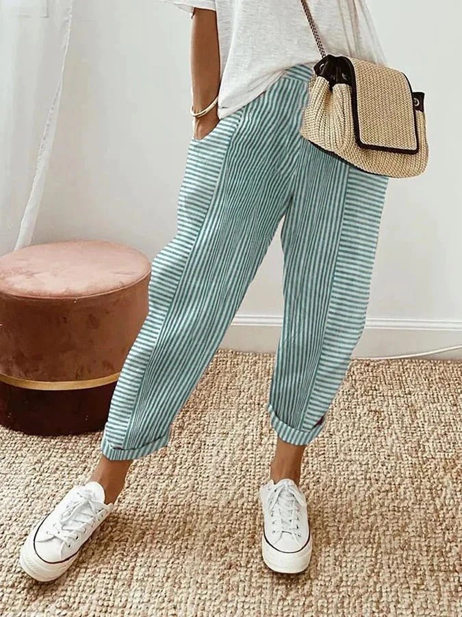 Anna | Women's Tapered Cropped Pants with Elastic Waist & Fine Stripes | Lightweight Linen Look for Comfort and Style 6