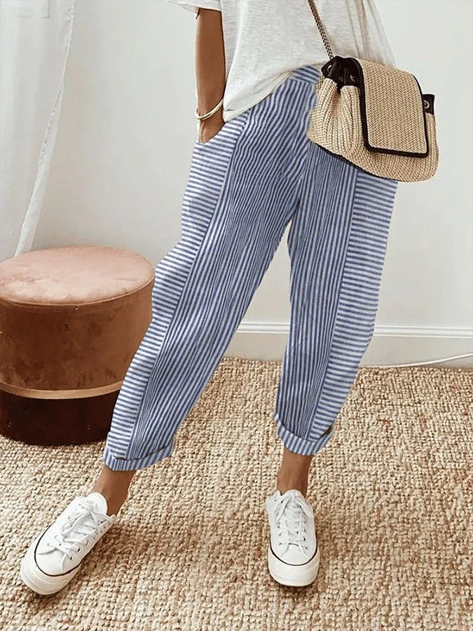 Anna | Women's Tapered Cropped Pants with Elastic Waist & Fine Stripes | Lightweight Linen Look for Comfort and Style 1