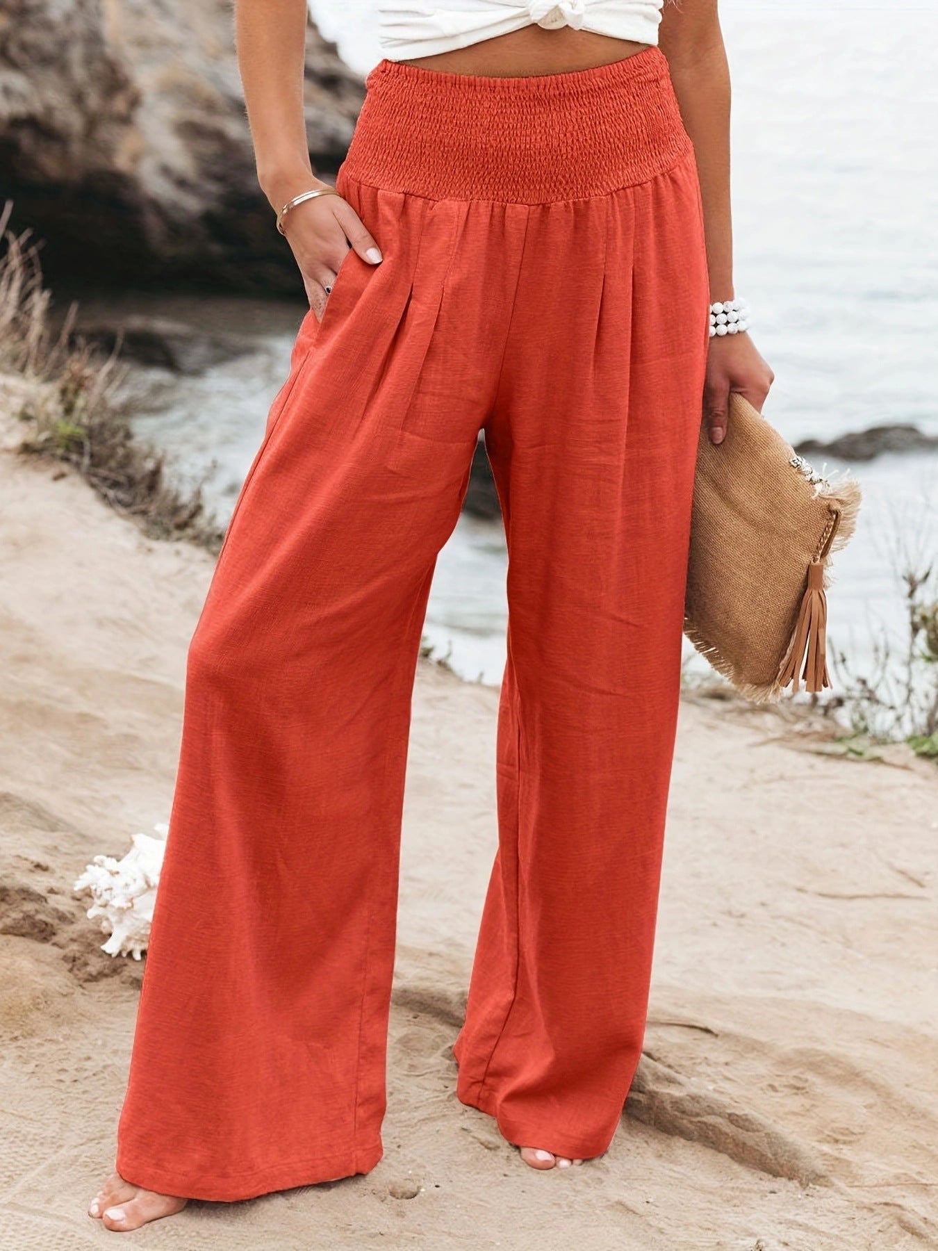 Mette | Wide Leg Bukser Dame i Hør-Look med Elastisk Smock-Talje | Åndbare Sommerbukser for Komfort og Stil 8
