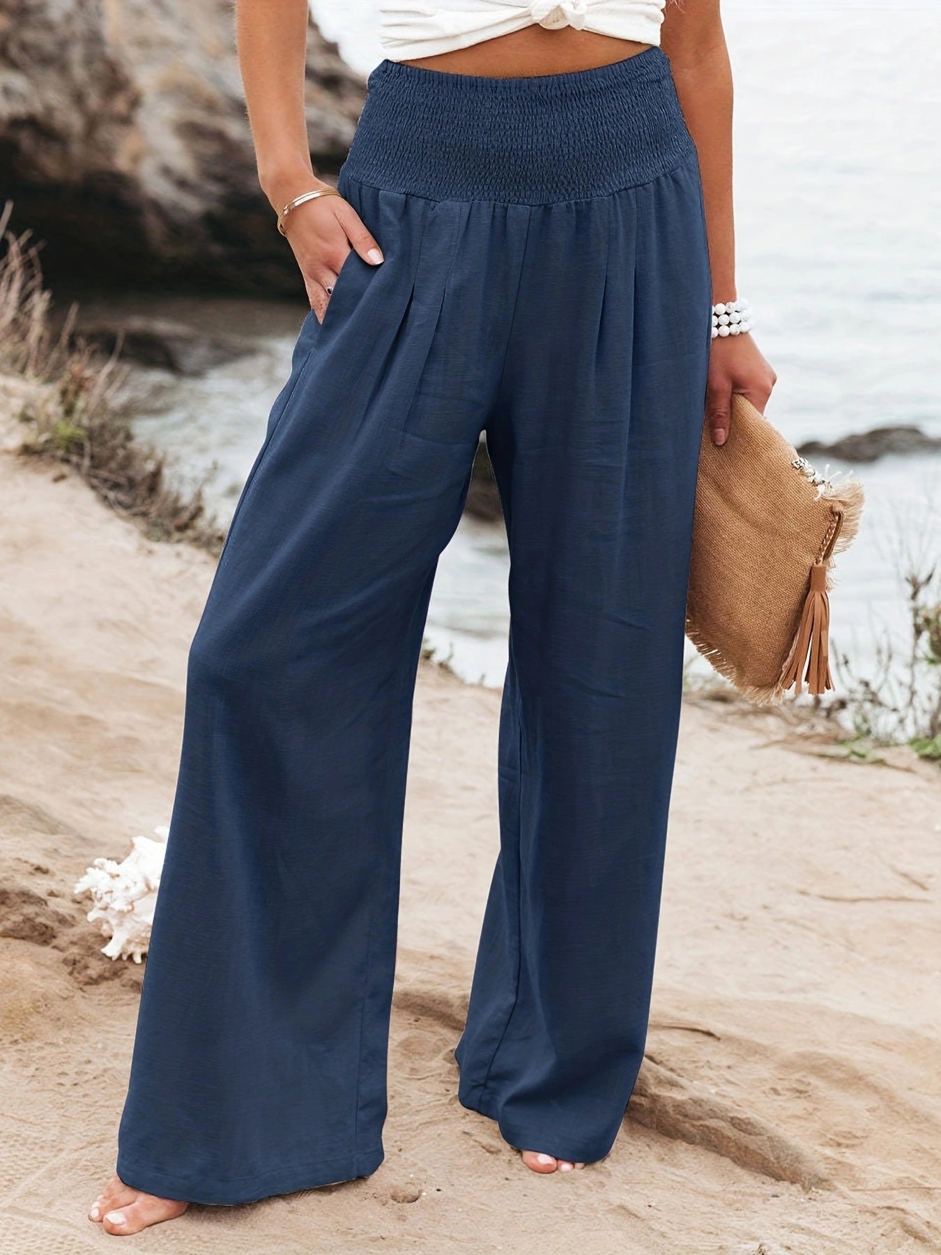 Mette | Wide Leg Bukser Dame i Hør-Look med Elastisk Smock-Talje | Åndbare Sommerbukser for Komfort og Stil 10
