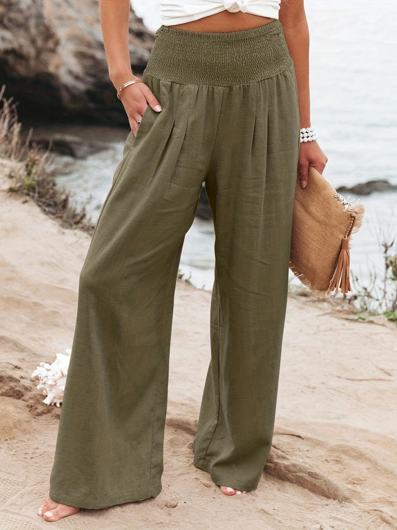 Mette | Wide Leg Bukser Dame i Hør-Look med Elastisk Smock-Talje | Åndbare Sommerbukser for Komfort og Stil 12