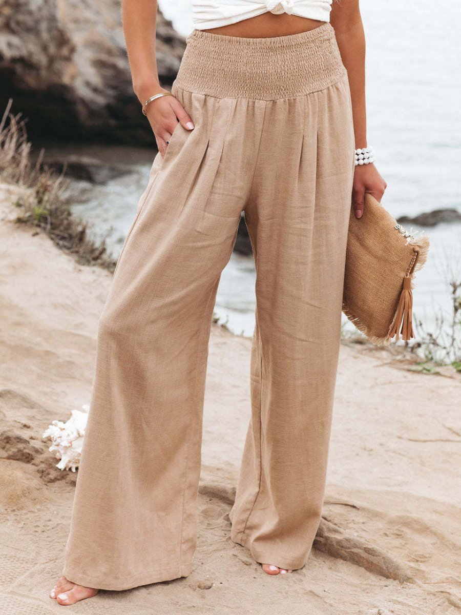 Mette | Wide Leg Bukser Dame i Hør-Look med Elastisk Smock-Talje | Åndbare Sommerbukser for Komfort og Stil 1