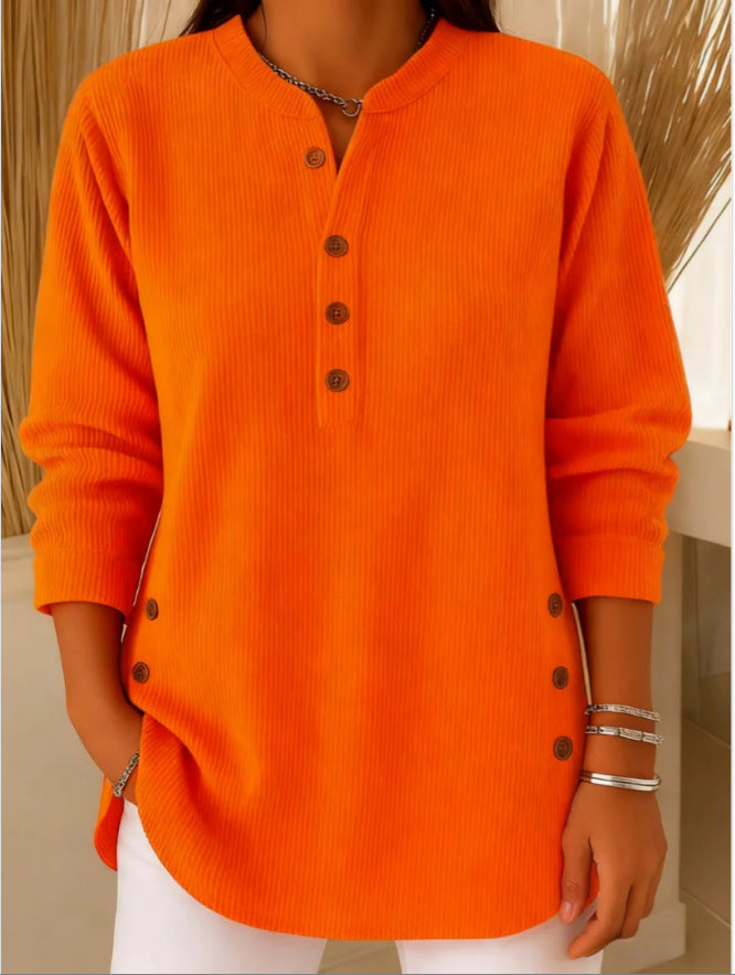 Ella Ribstrik Tunika Dame – Lang Model med Henley og Knapper