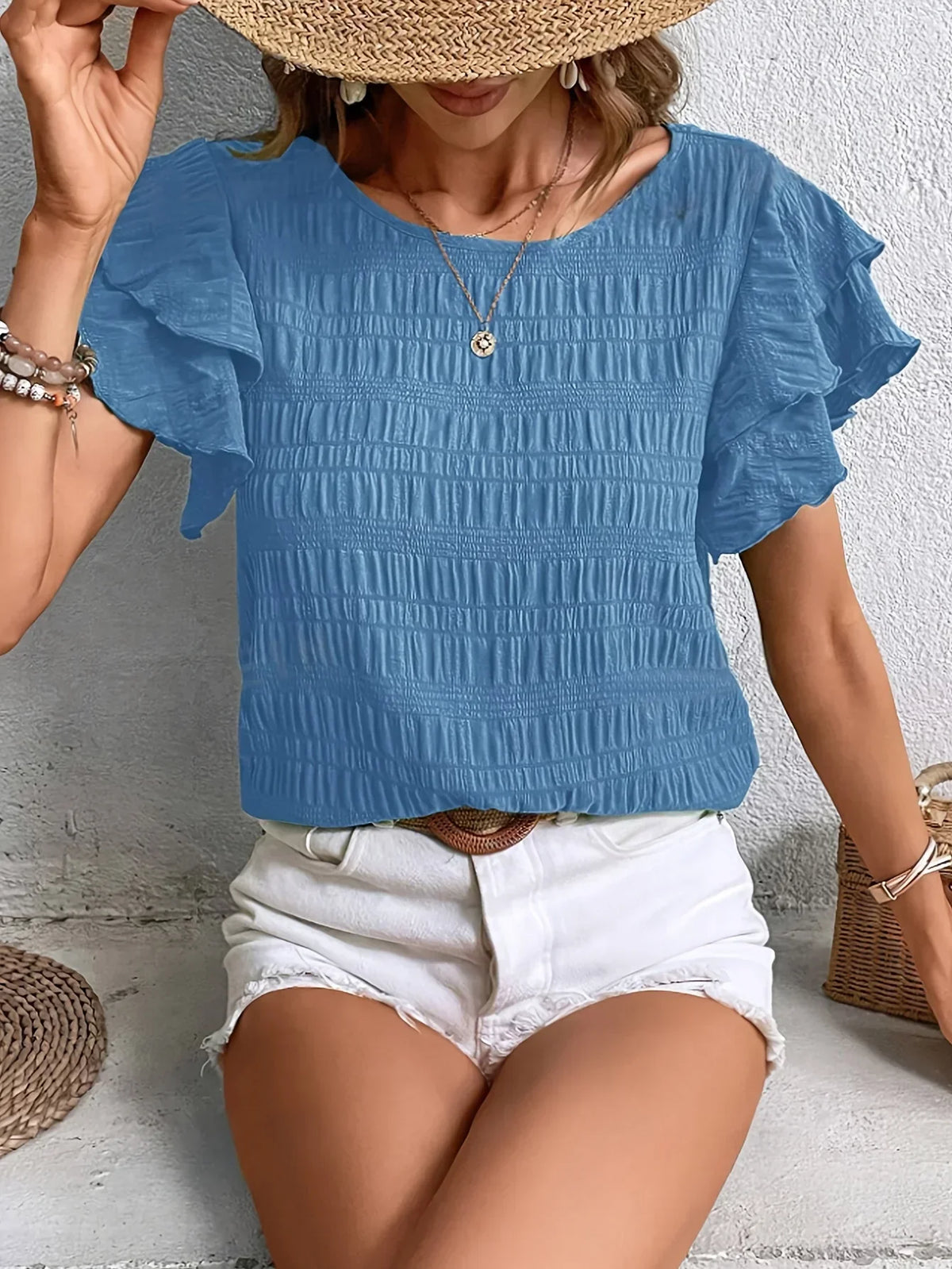 Plisséret Bluse Dame – Rund Hals Bluse med Flæseærmer til Sommer