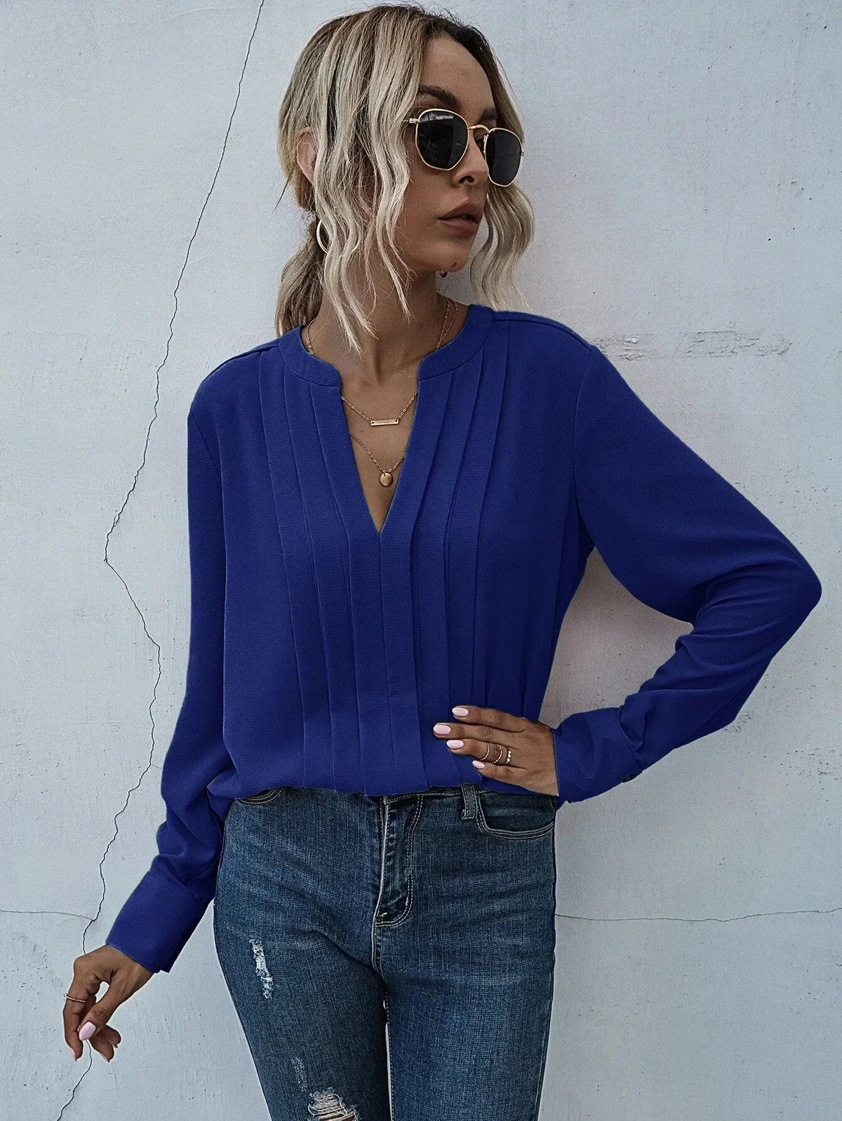 Plissébluse Dame – V-Hals Langærmet Kontorbluse