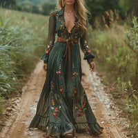 Selvara Boho Maxi Dress Women – Floral Print Pleated with Buttons