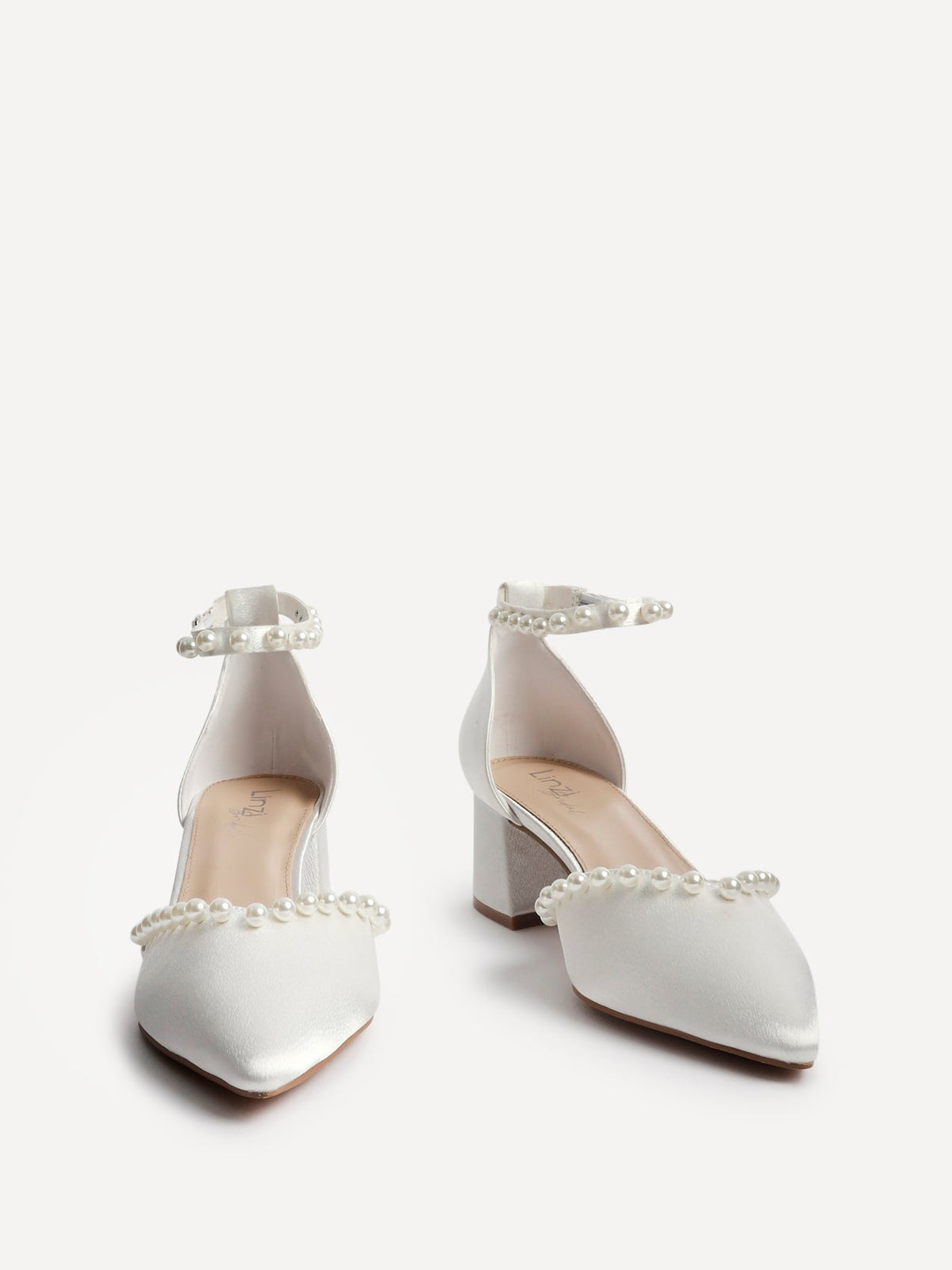 Brudesko Dame Ivory Satin – Perle Pumps med Ankelrem