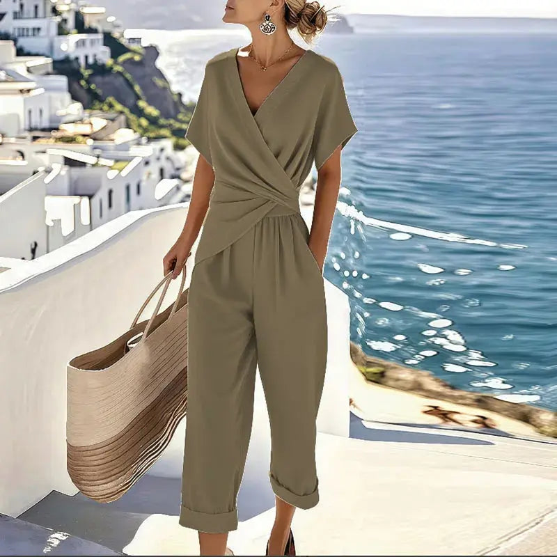 Kimberly 2-Delt Sommersæt Dame – Wrap Top og Ankellange Bukser Panorla