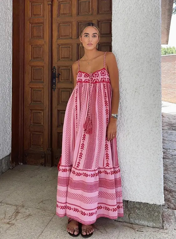 Maxi kjole dame bomuld broderet boho A-linje blomsterprint til sommer Panorla