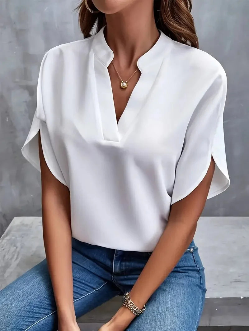 Elegant V-Hals Bluse til Dame i 100% Viskose med Flydende Silhuet | Alsidig Top til Hverdag og Kontor 1