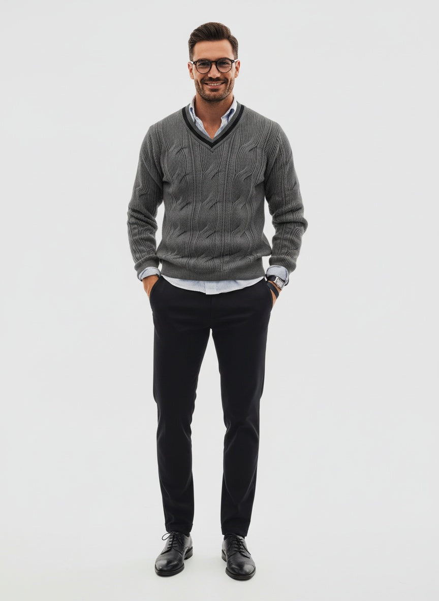 Amalie | Strikket V-hals Sweater med Flettemønster