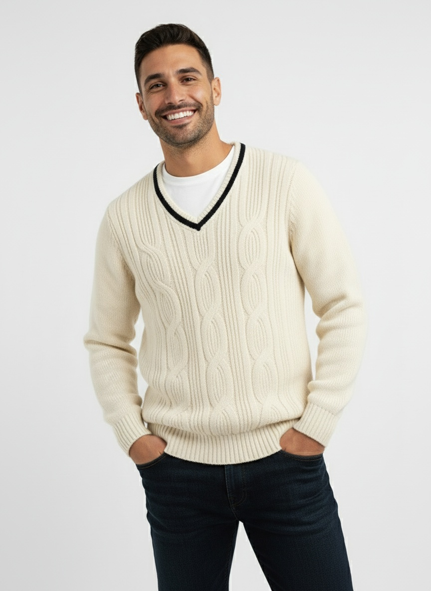 Amalie | Strikket V-hals Sweater med Flettemønster