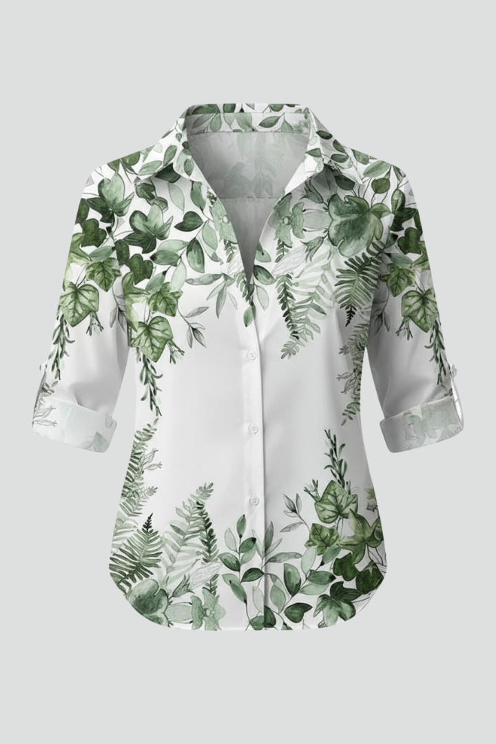 Bluse Dame Bladprint – Skjortebluse med Knaplukning