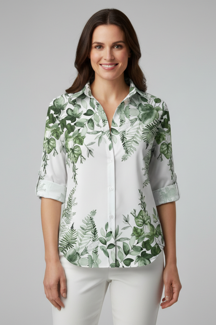Bluse Dame Bladprint – Skjortebluse med Knaplukning