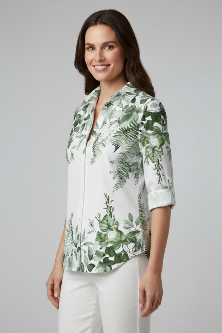 Bluse Dame Bladprint – Skjortebluse med Knaplukning