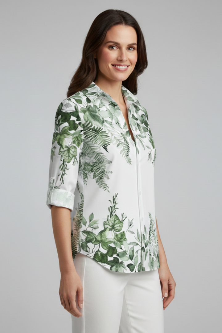 Bluse Dame Bladprint – Skjortebluse med Knaplukning