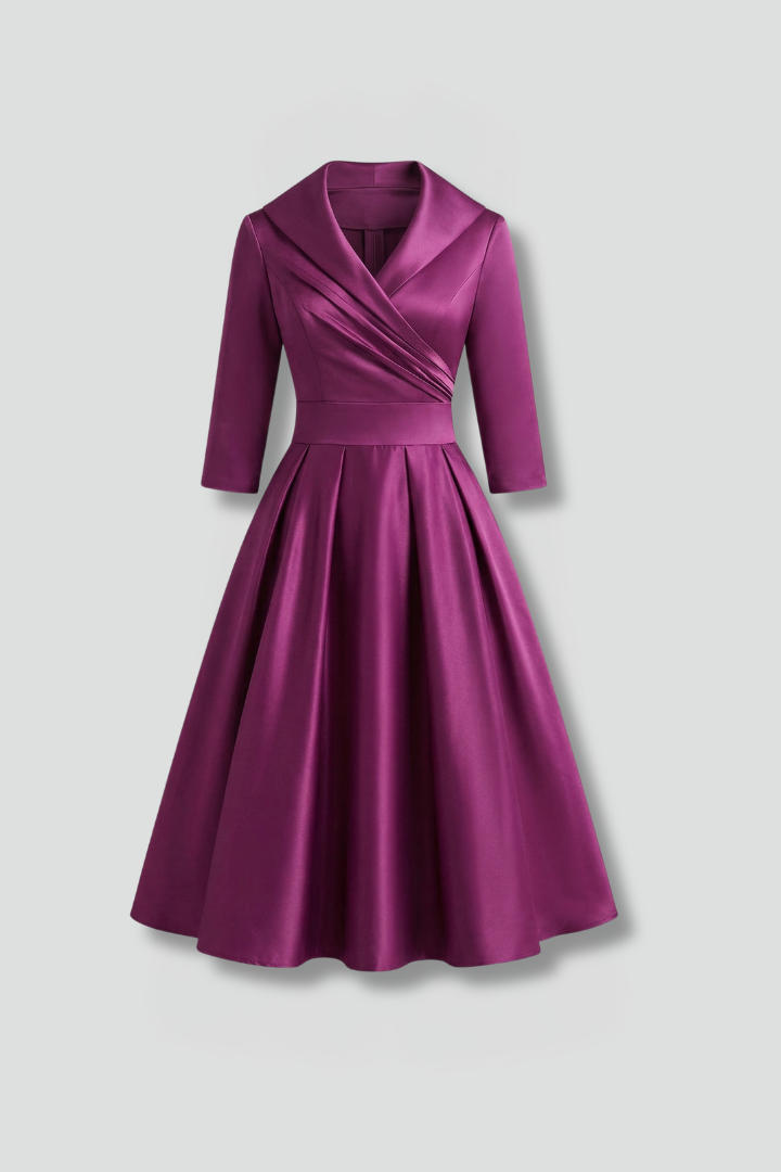Satin Cocktail Midi Dress Women – Pleated Waist V-Neck