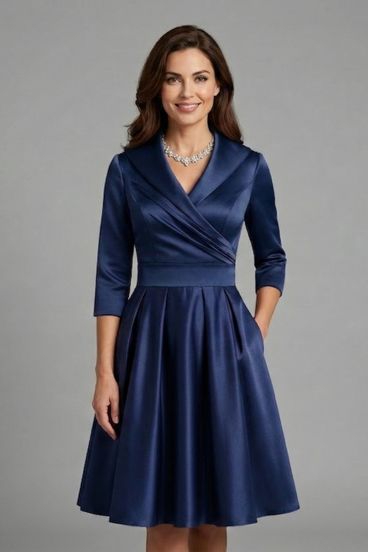 Satin Cocktail Midi Dress Women – Pleated Waist V-Neck