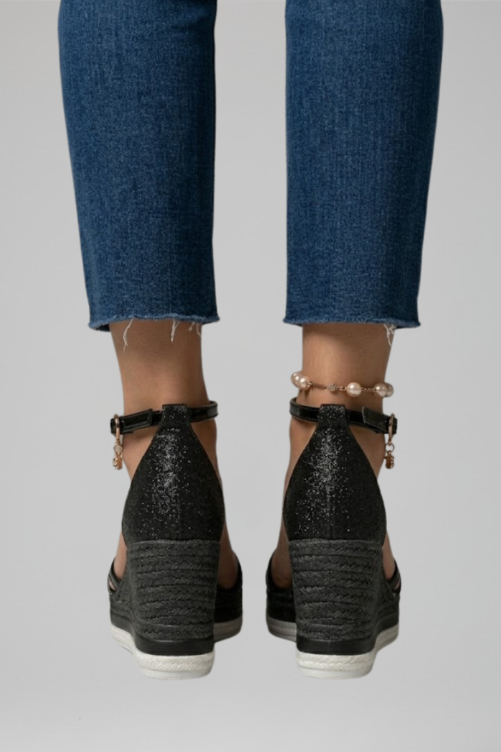 Kilehæl Espadrille Sandaler Dame – Ankelrem med Glimmer
