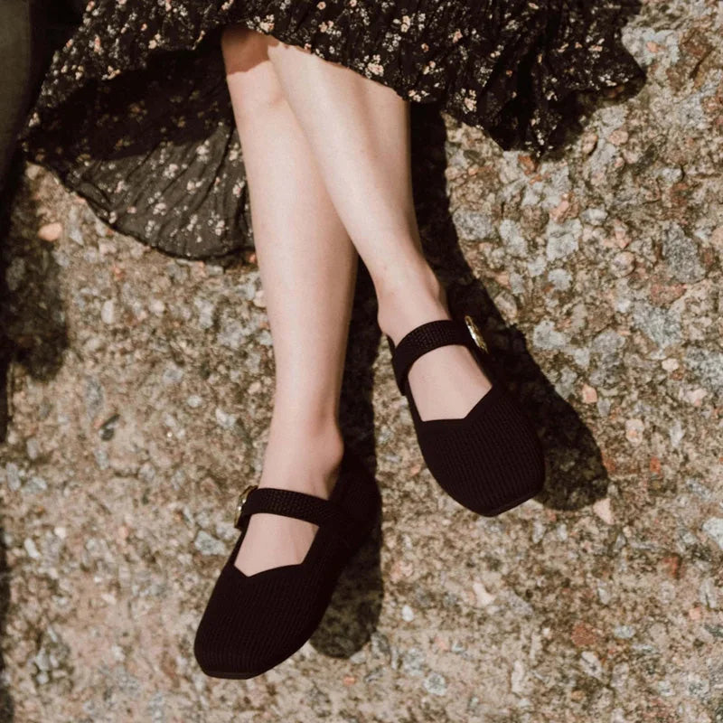 Women's Mary Jane Flat Shoes Knit Breathable Comfort Square Toe
