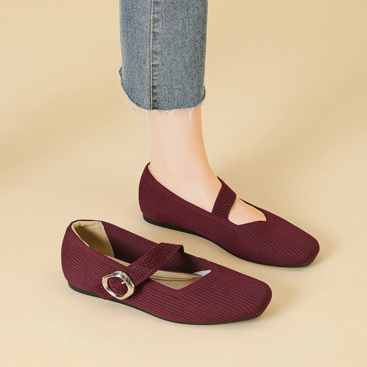 Women's Mary Jane Flat Shoes Knit Breathable Comfort Square Toe