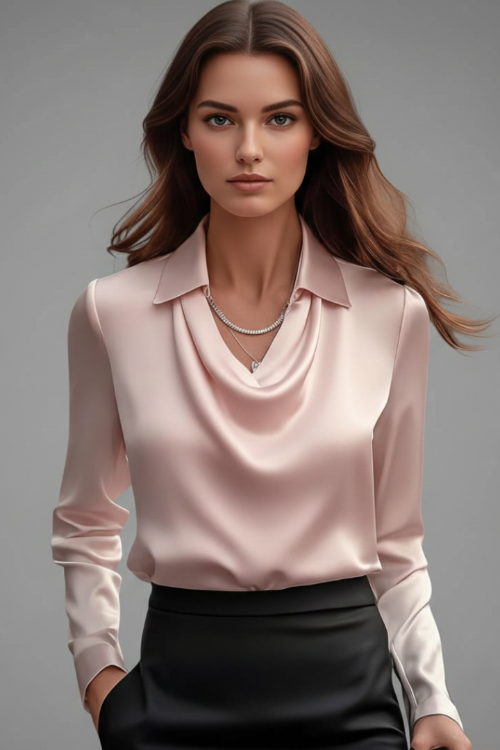 Satin Bluse Dame Draperet Krave – Lange Ærmer