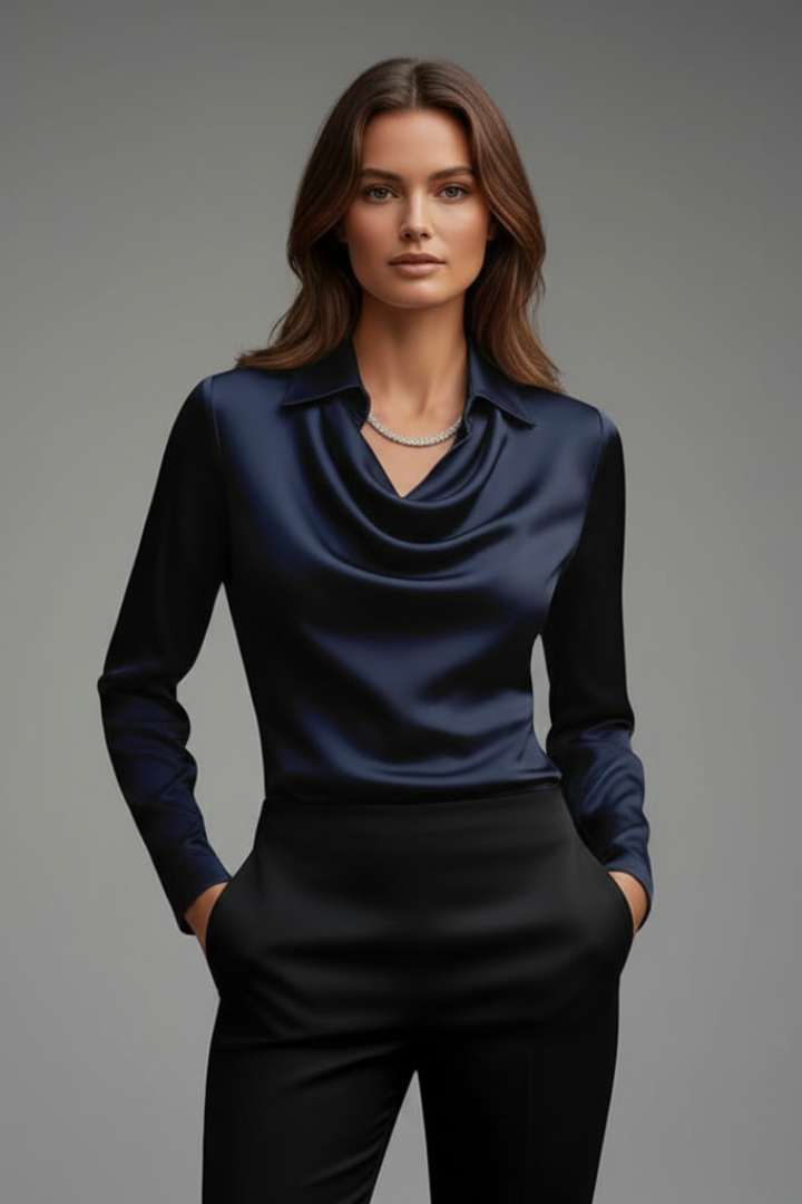 Satin Bluse Dame Draperet Krave – Lange Ærmer