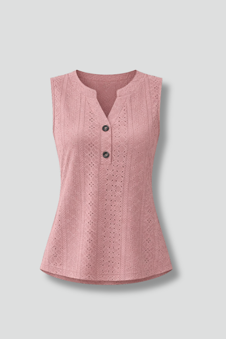 Ærmeløs Bluse Dame V-Hals – Broderi Anglaise Top med Hulmønster